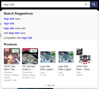 Screenshot displaying Super Speedy Search dropdown with instant suggestions and matching products