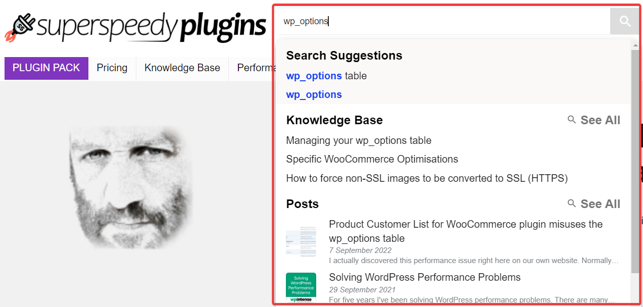 Screenshot displaying Super Speedy Plugins homepage with dropdown search results for wp_options using Super Speedy Search