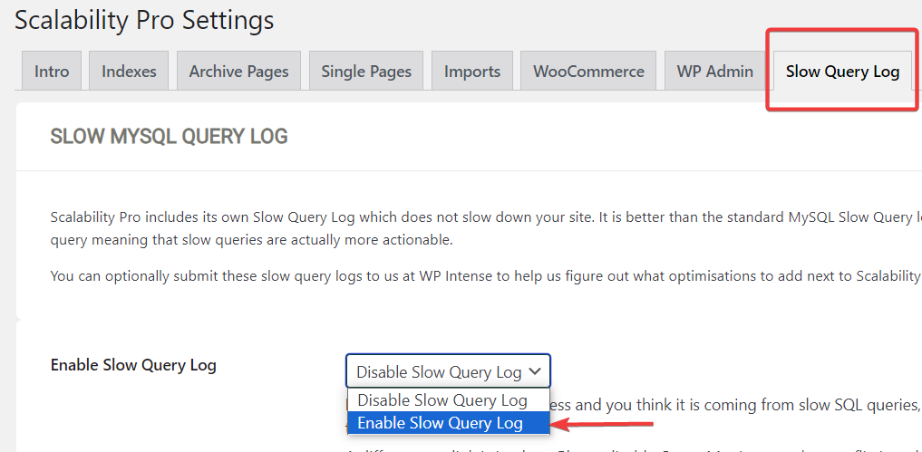 Settings page Scalability Pro to access the Slow Query Log