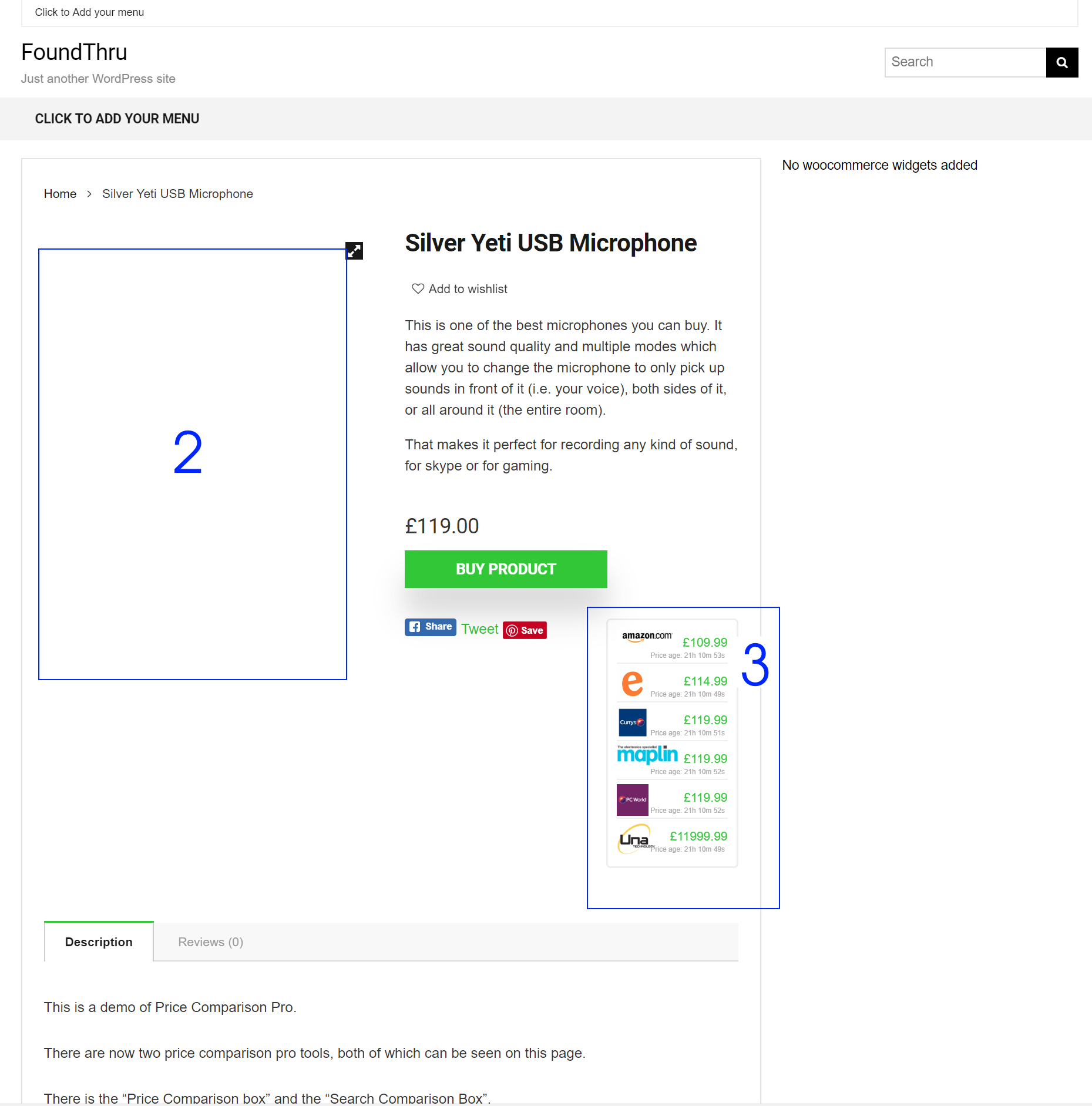 Product page layout showing Price Comparison Pro not displaying correctly