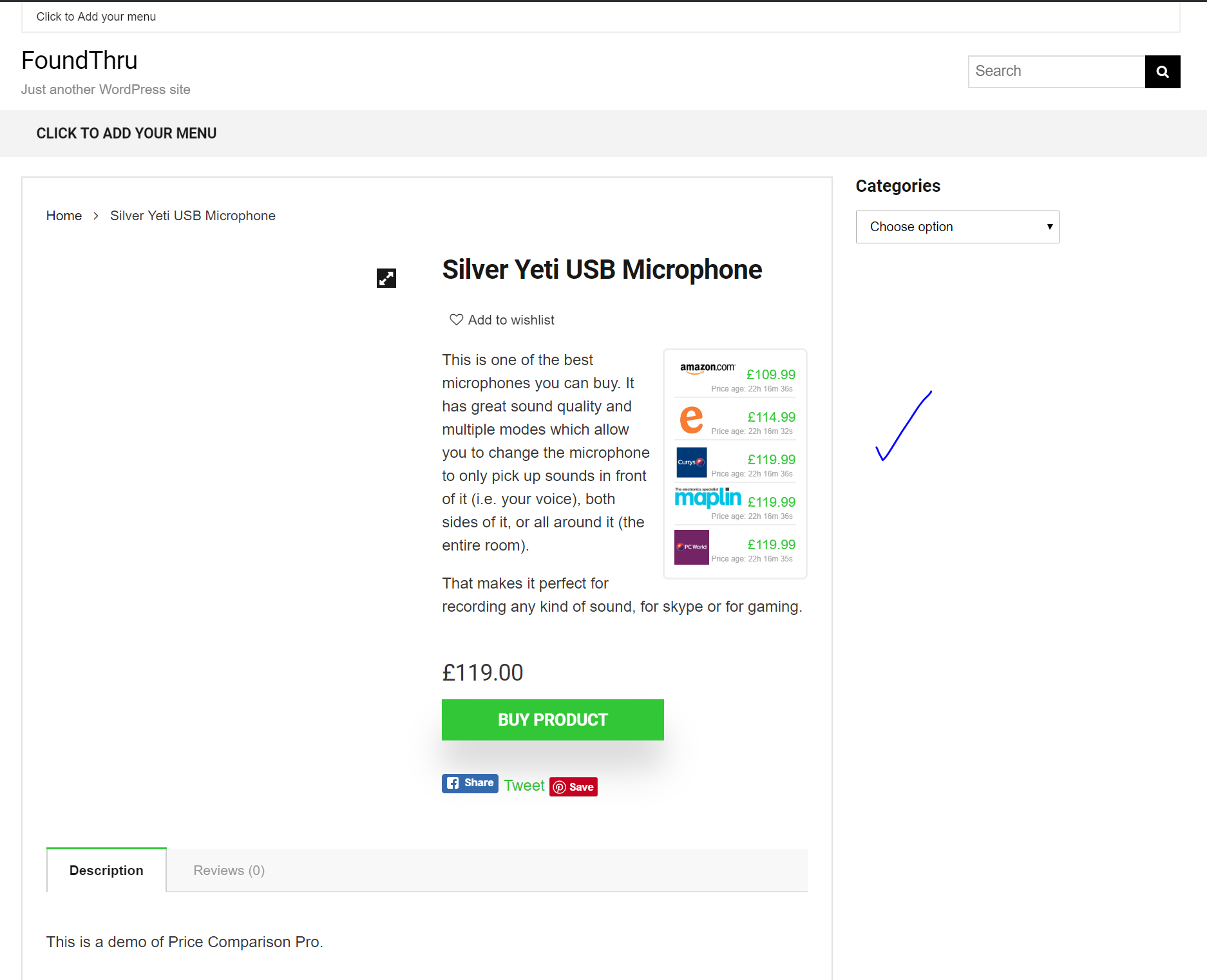 Final product page layout with correctly placed Price Comparison Box