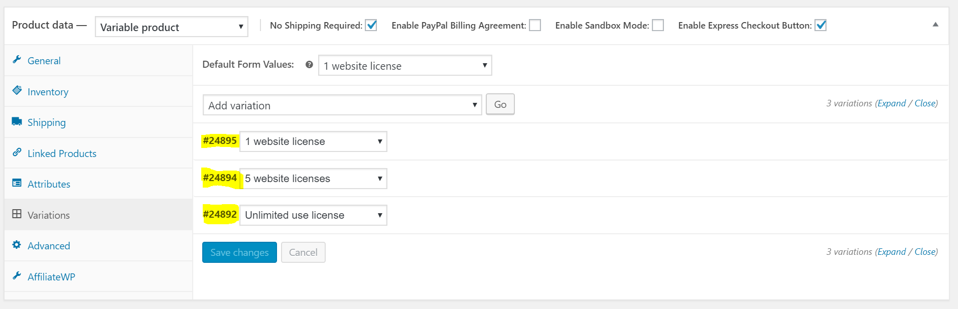 WooCommerce product variations with IDs