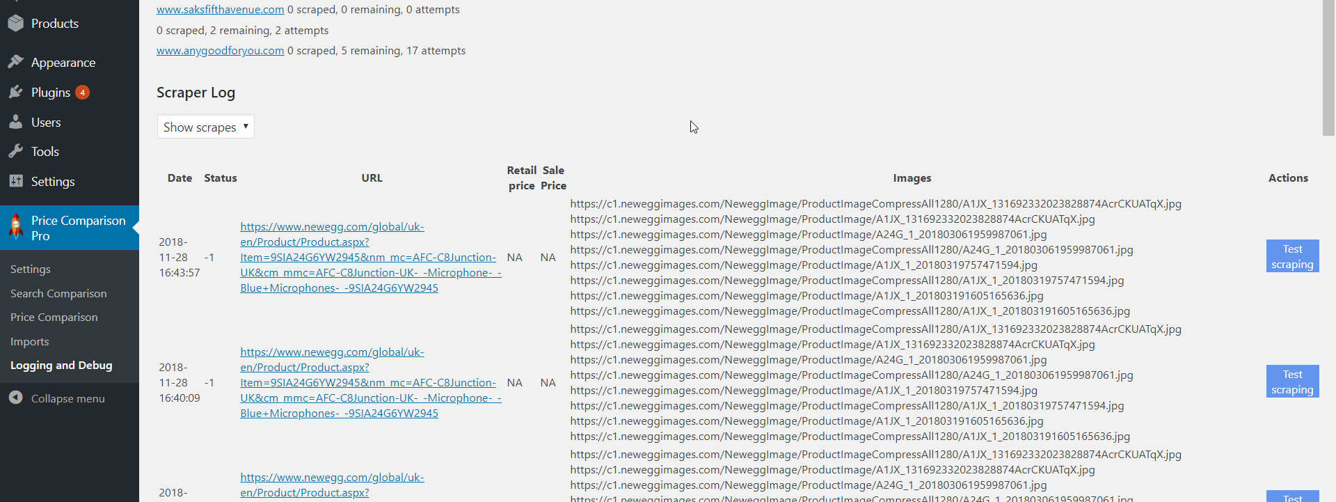 Debugging features in Price Comparison Pro plugin showing scraper log details in the new major upgrade for Price Comparison Pro