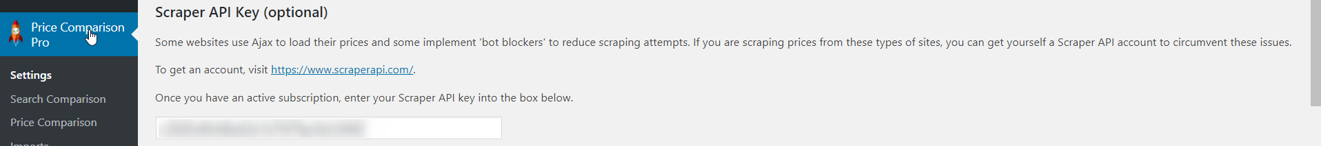 ScraperAPI integration settings in Price Comparison Pro plugin