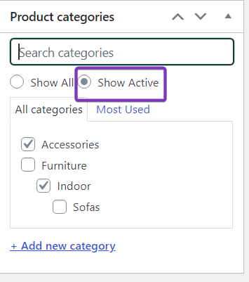 Screenshot displaying Super Speedy Meta Box Search feature, with the "Show Active" option enabled. Only checked categories and their parents/children are displayed