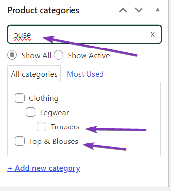 Screenshot of Super Speedy Meta Box Search feature, displaying term searched for (ouse) matching categories with the same letter combinations (trOUSErs, blOUSEs)
