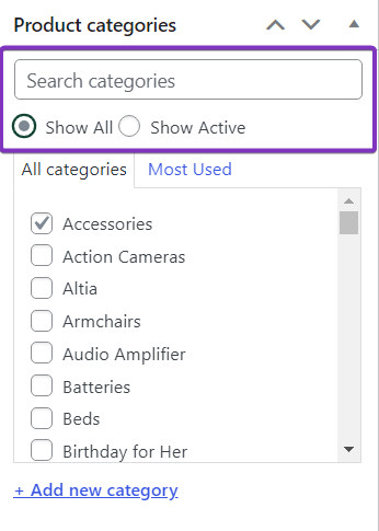 Screenshot of Super Speedy Meta Box Search feature, displaying the "Product Categories" box on the "Edit Product" page. 