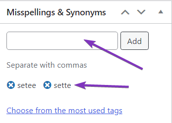 Screenshot of "Edit Product" page "Misspellings & Synonyms" with two misspellings added: "setee & sette"