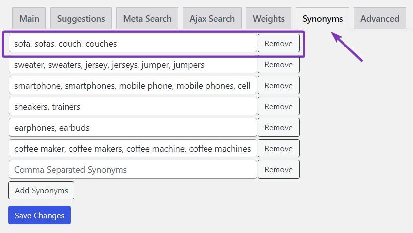 Screenshot of Super Speedy Search Settings opened on the Synonyms tab, with a selection of synonyms added